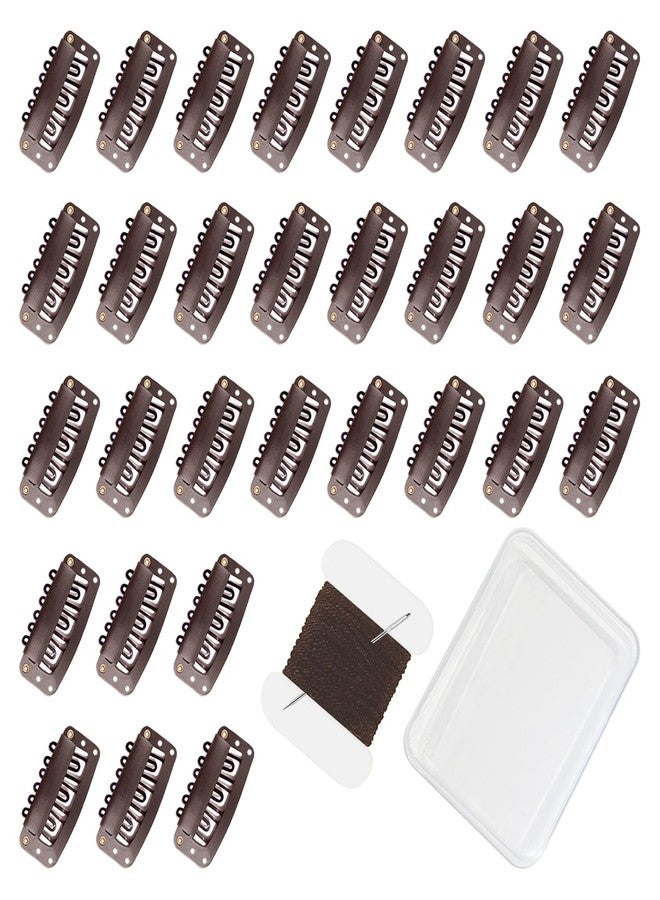 uadbau 30 Pcs 32mm 6-Teeth U-Shape Wig Clips for Hair Extensions, with DIY Needle and Thread Kit – Snap Clips for Hair Extensions (Dark Brown) - Image 1